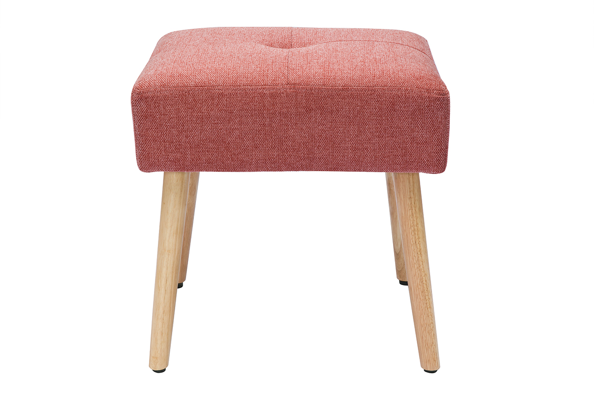 Tabouret bas en tissu effet velours texturé terracotta et bois clair massif H46 cm GUESTA