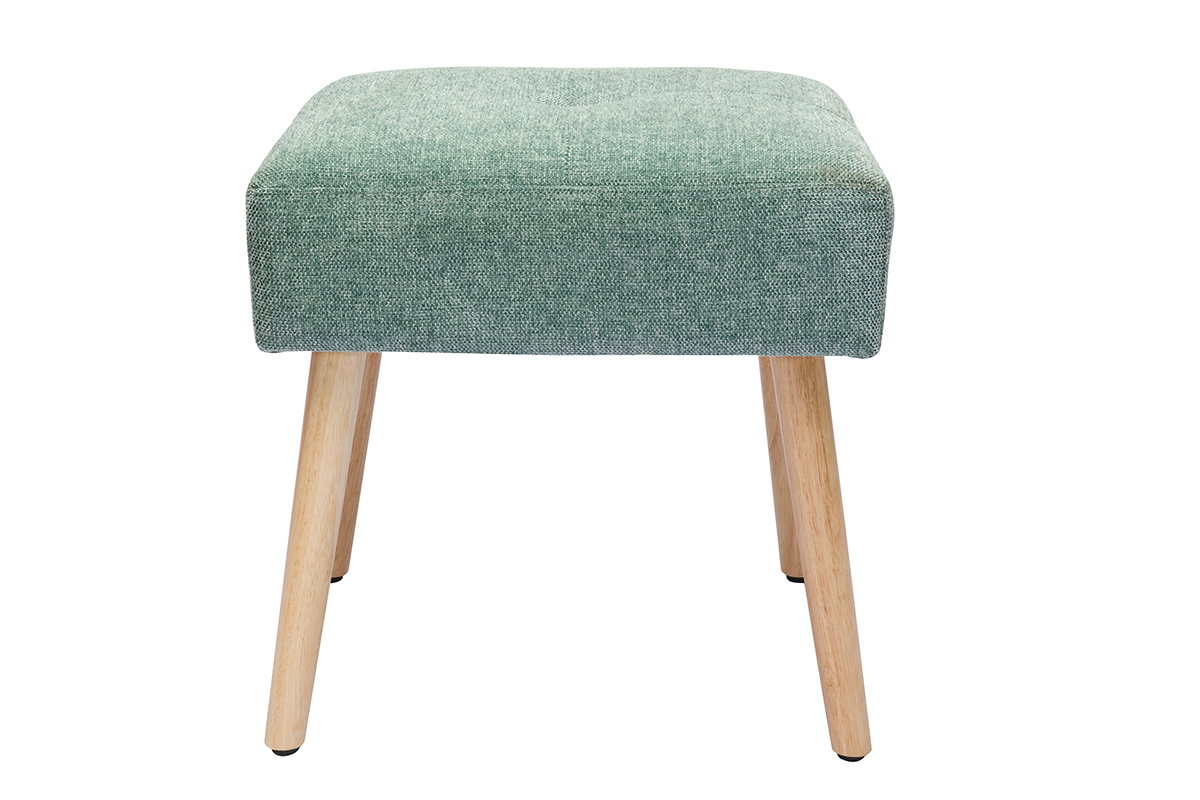 Tabouret bas en tissu effet velours texturé vert céladon et bois clair massif H46 cm GUESTA