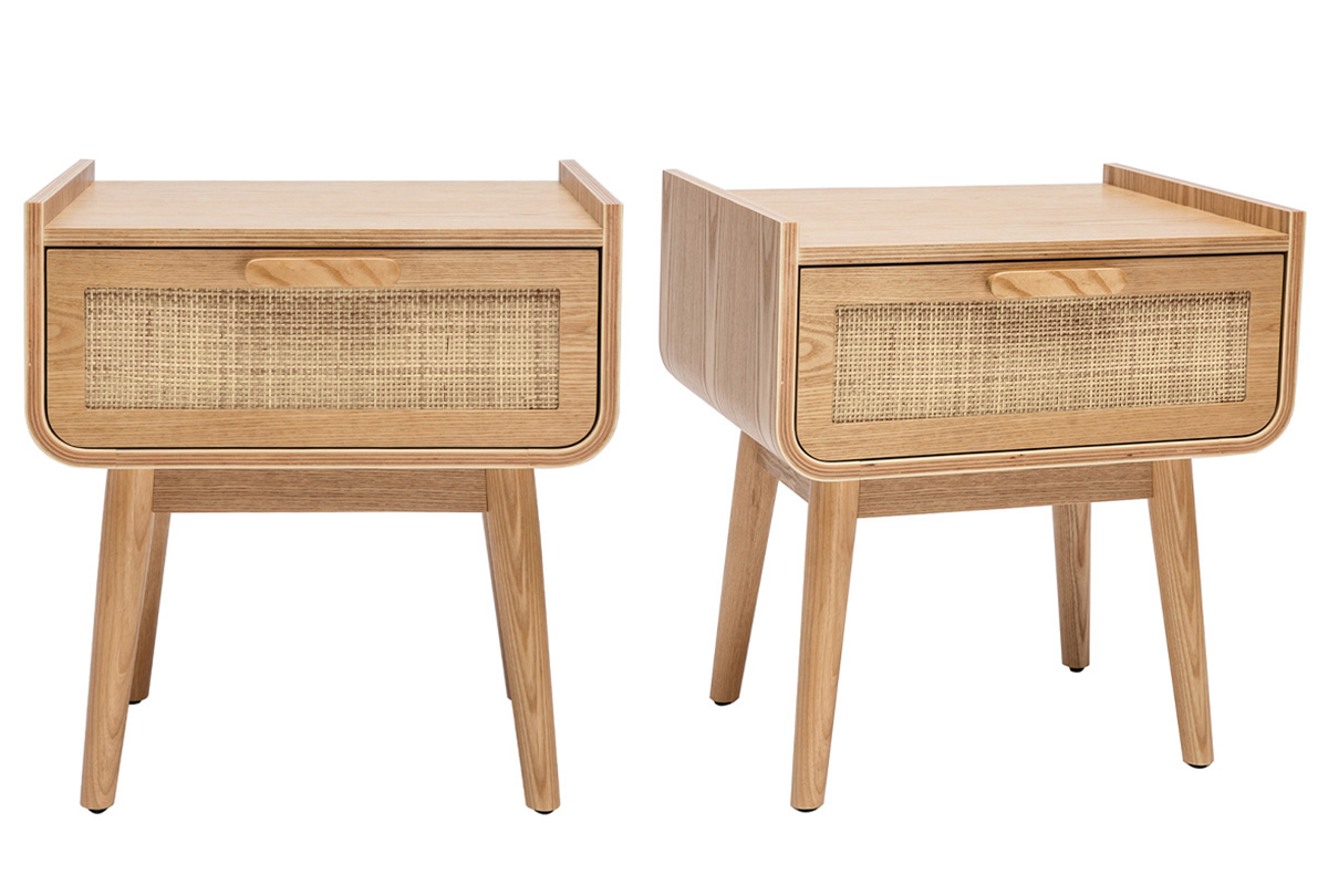 Tables de chevet avec tiroir en bois clair frêne et cannage rotin (lot de 2) ATHÈNE