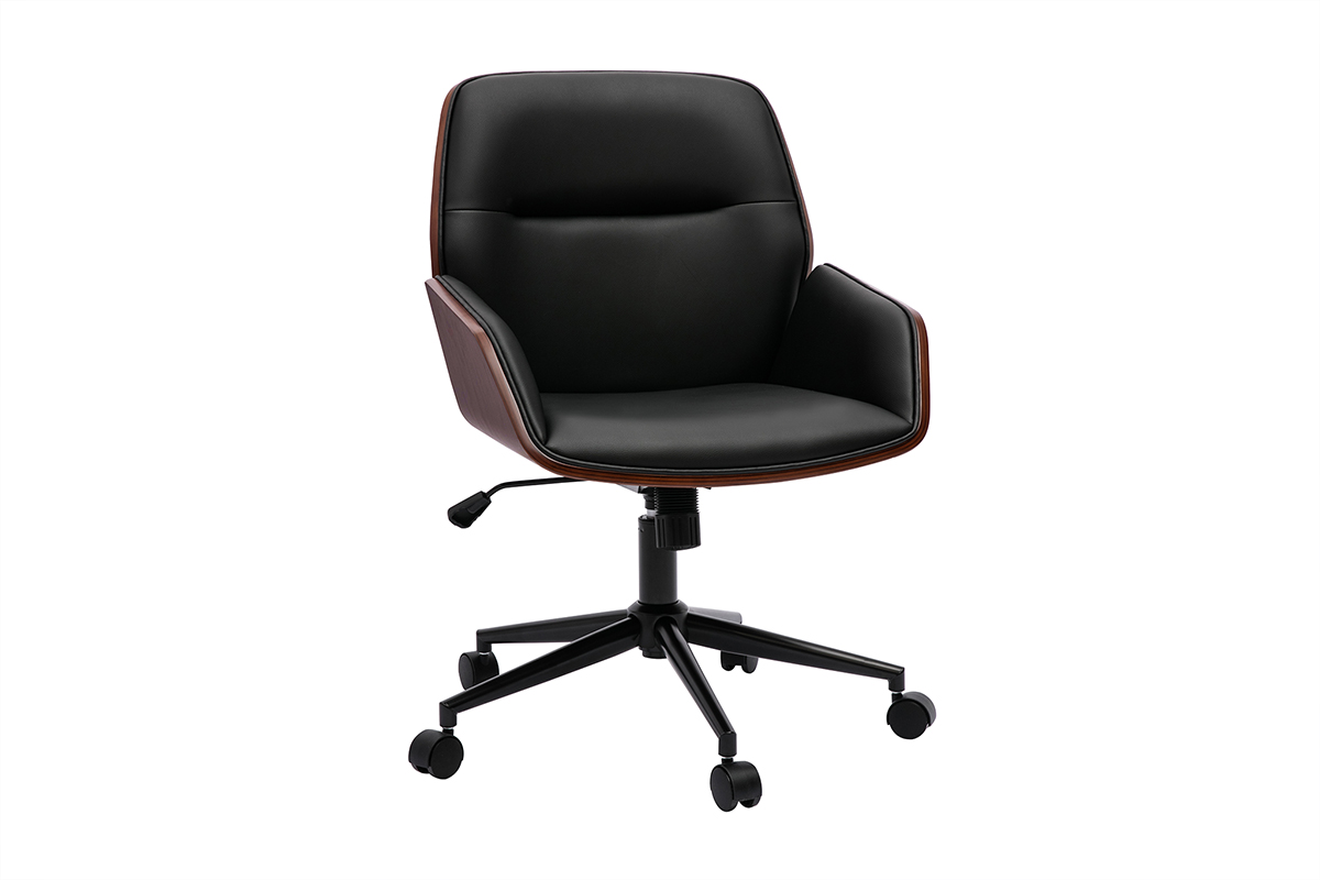 Chaise de bureau à roulettes design noir, bois foncé et métal noir MARLOW