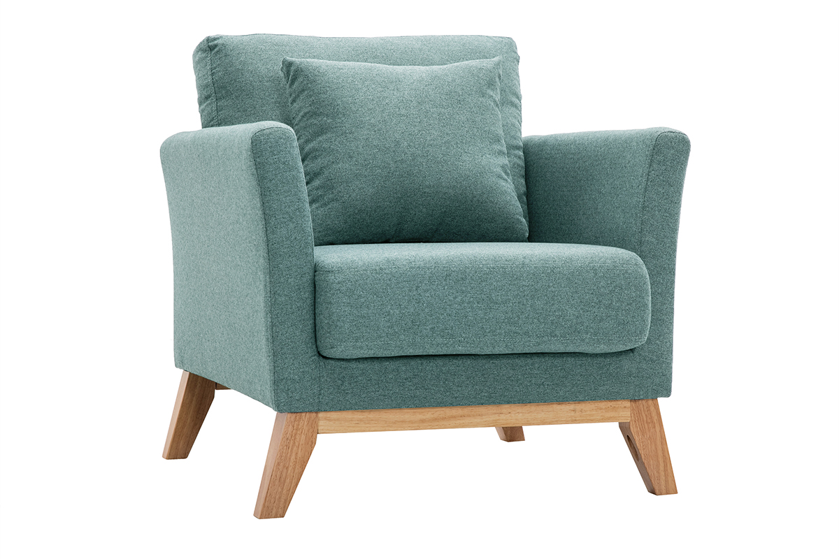 Fauteuil scandinave déhoussable en tissu vert de gris et bois clair OSLO