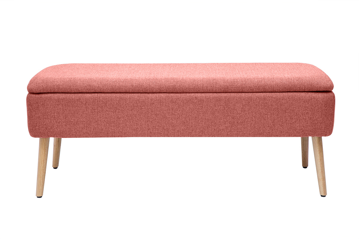 Banc coffre en tissu effet velours texturé terracotta et bois clair massif L120 cm LARS
