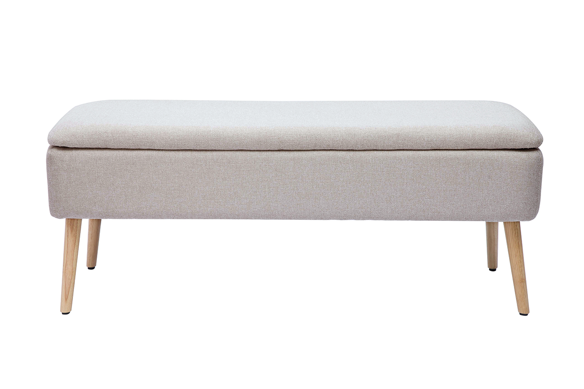 Banc coffre en tissu effet velours texturé beige et bois clair massif L120 cm LARS
