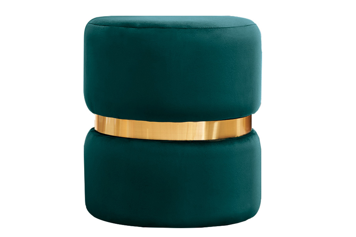 Pouf rond en velours bleu pétrole et métal doré D40 cm JOY
