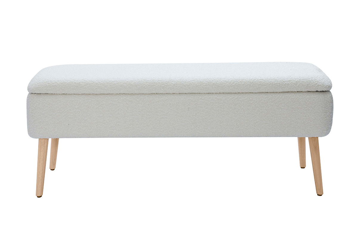 Banc coffre effet laine bouclée blanc et bois clair massif L120 cm LARS