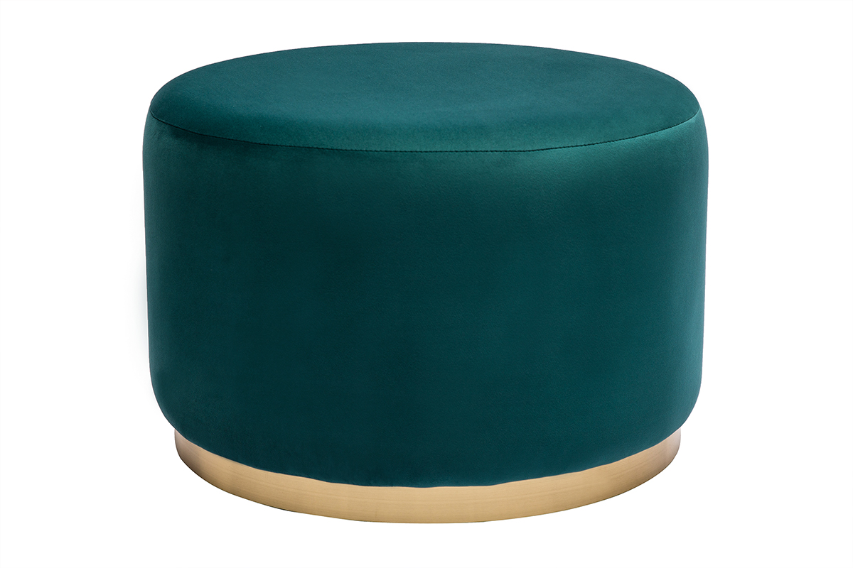 Pouf rond en velours bleu pétrole et métal doré D54 cm AMAYA