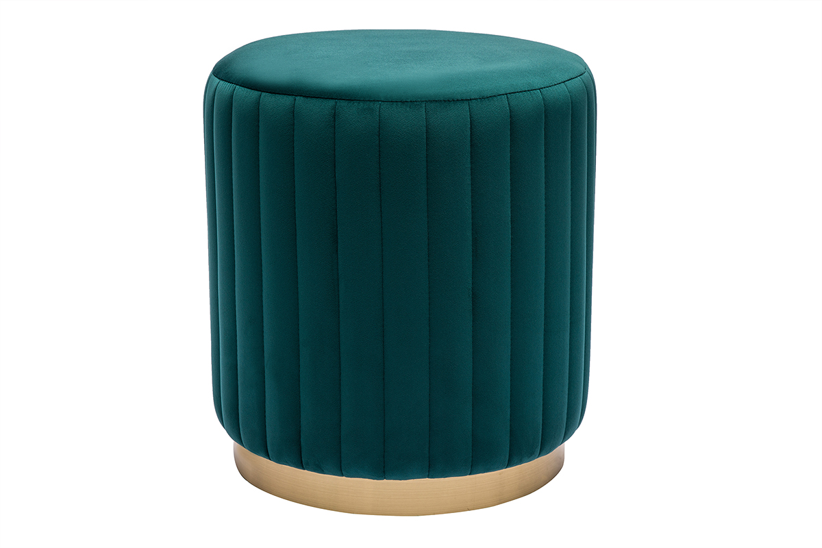 Pouf rond en velours bleu pétrole et métal doré D40 cm DONA