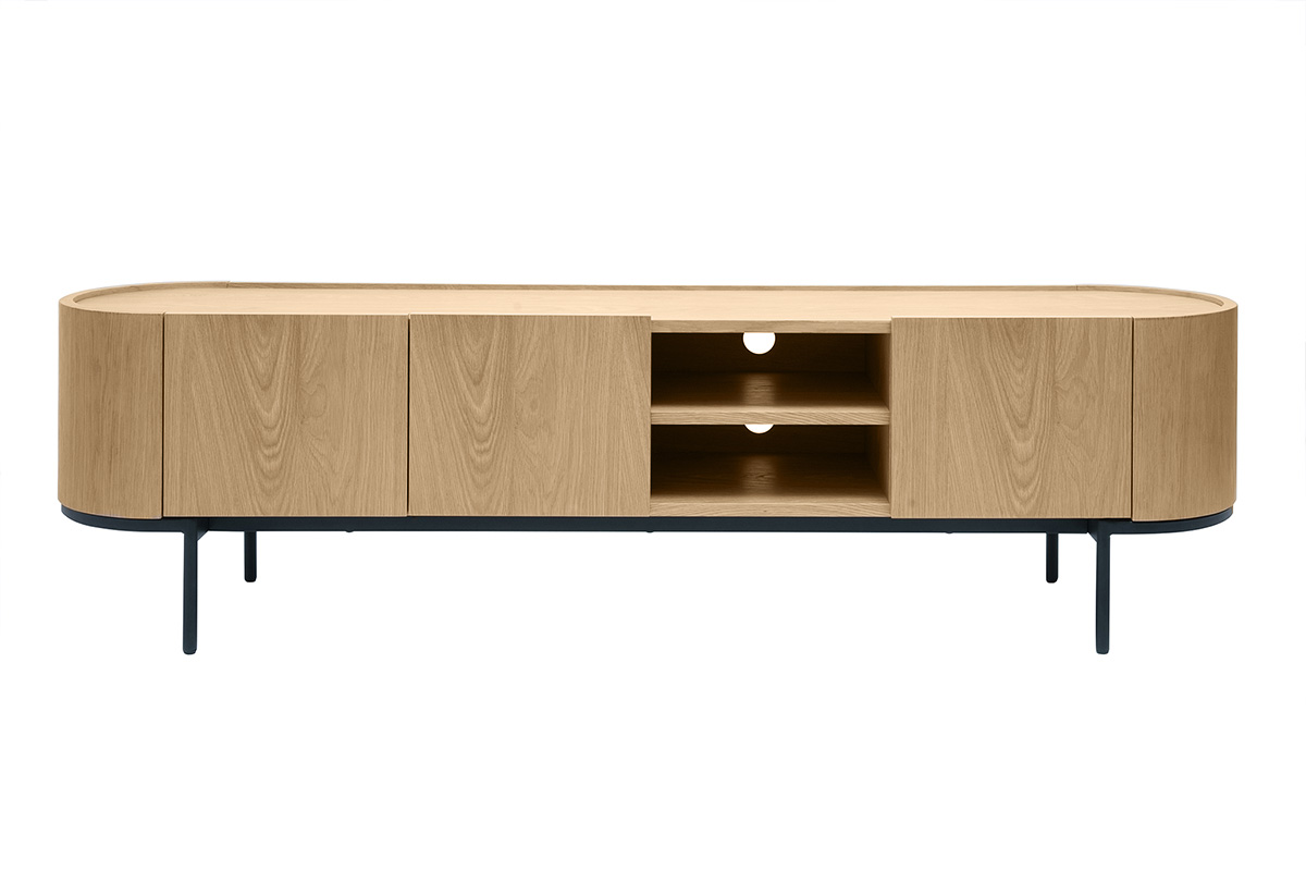Meuble TV design bois clair et métal noir avec rangements L180 cm SKYE