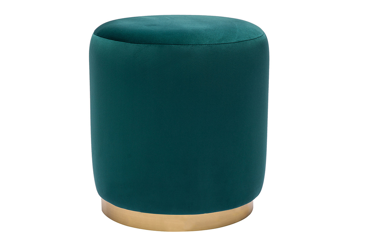 Pouf rond en velours bleu pétrole et métal doré D40 cm AMAYA