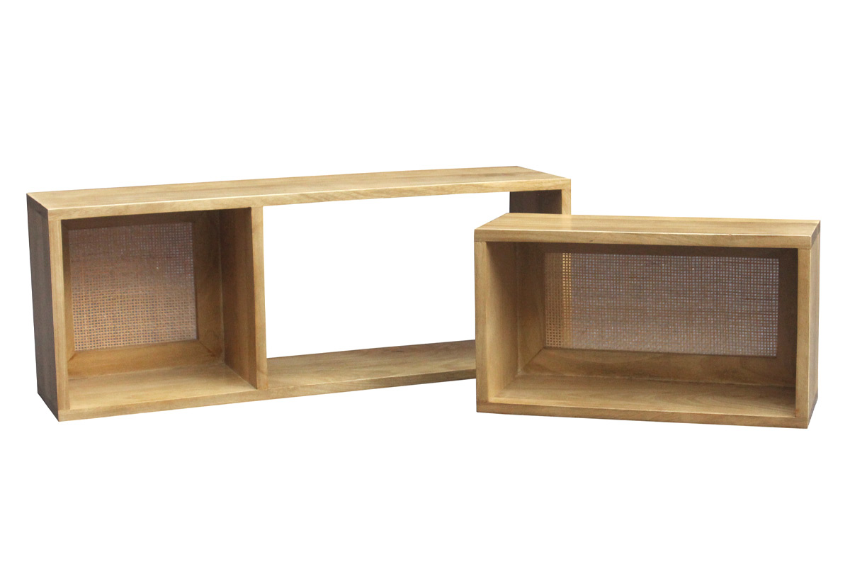 Étagères niches murales gigognes en bois manguier massif et cannage rotin L80 cm (lot de 2) ACANGE