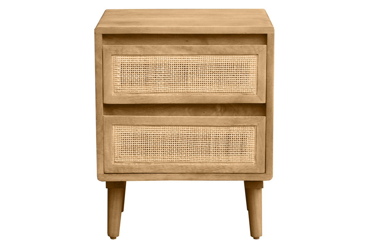 Table de chevet en bois manguier massif et cannage rotin avec rangements 2 tiroirs ACANGE