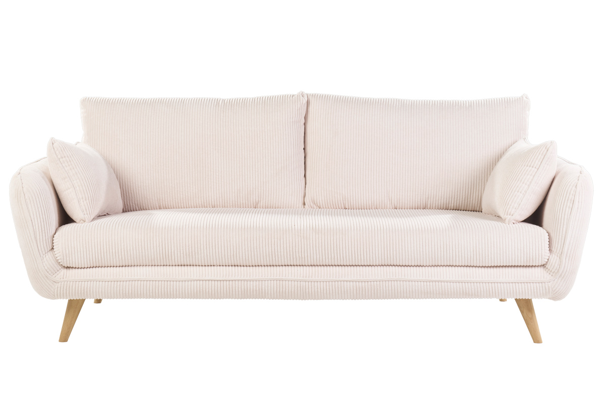 Canapé scandinave 3 places en tissu velours côtelé écru et bois clair CREEP