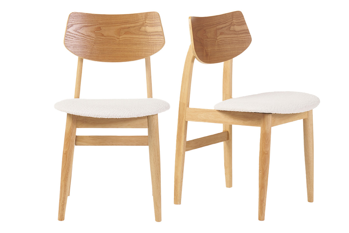 Chaises scandinaves en bois clair et tissu effet laine bouclée blanc (lot de 2) ELION
