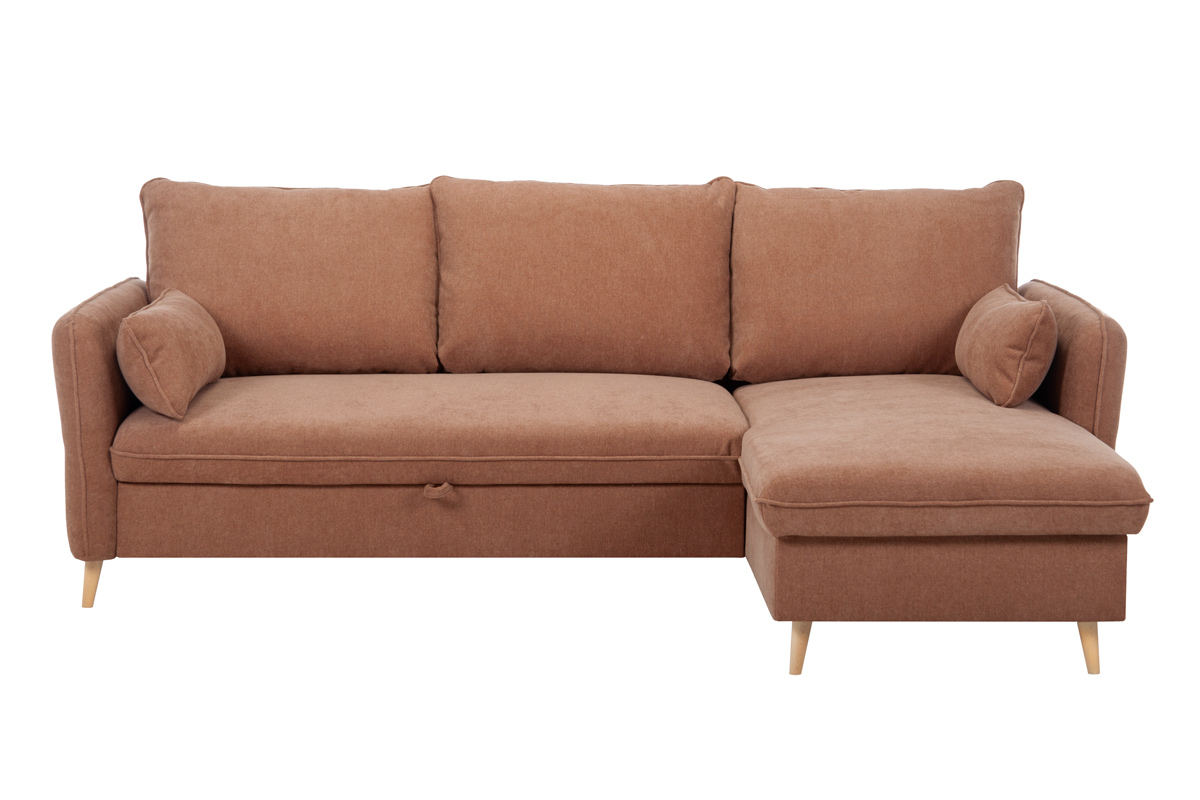 Canapé d'angle convertible réversible avec coffre 3-4 places en tissu effet velours terre brûlée et bois clair DRISS