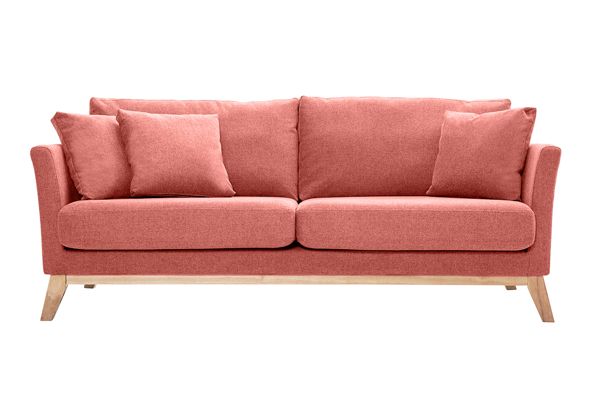 Canapé scandinave déhoussable 3 places en tissu effet velours texturé terracotta et bois clair OSLO