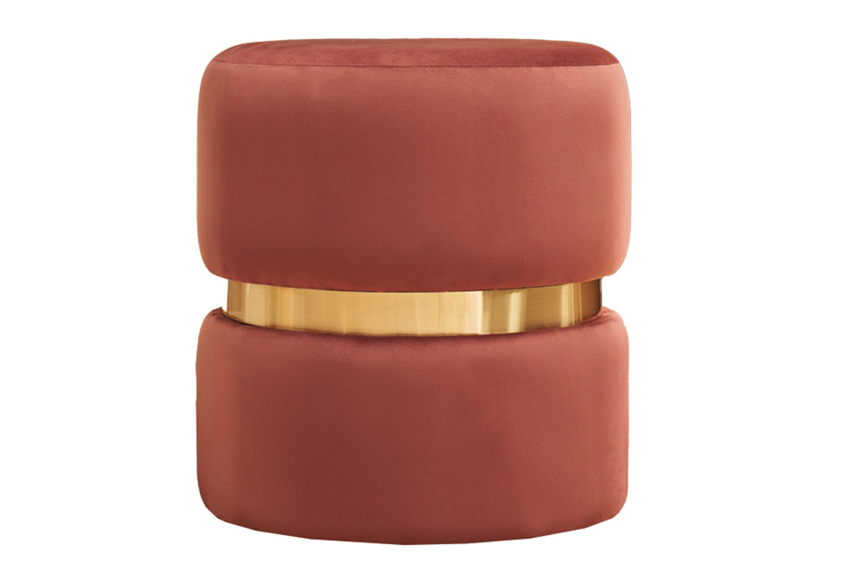 Pouf rond en velours bleu rouge tomette et métal doré D40 cm JOY