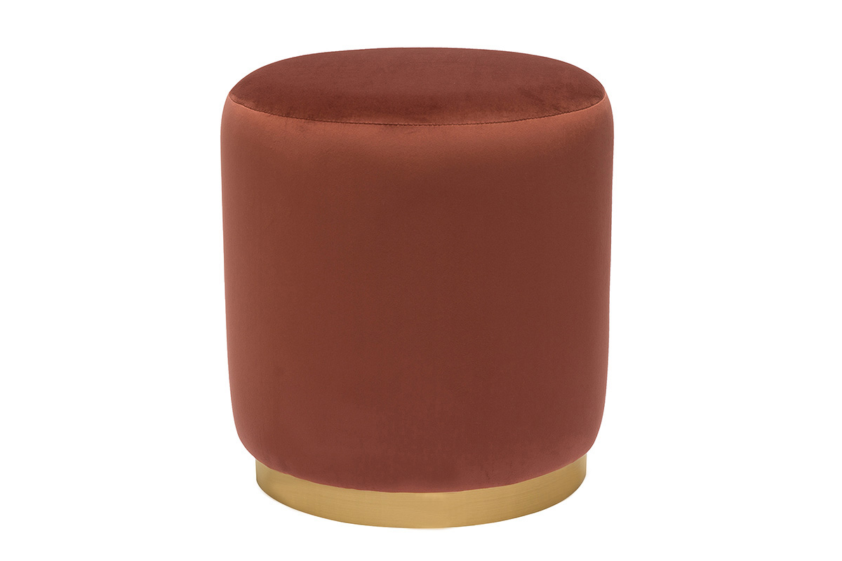 Pouf rond en velours rouge tomette et métal doré D40 cm AMAYA
