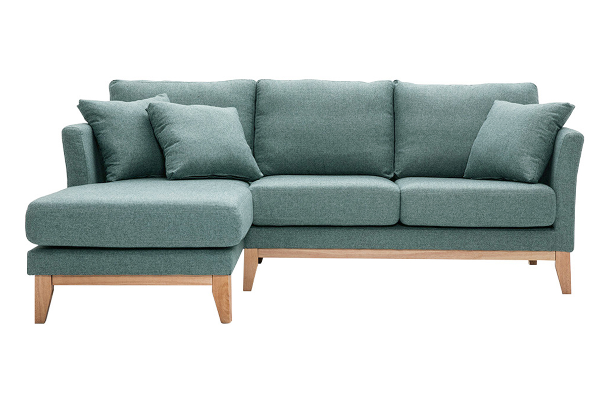 Canapé d'angle gauche déhoussable scandinave en tissu vert de gris et bois clair 3-4 places OSLO